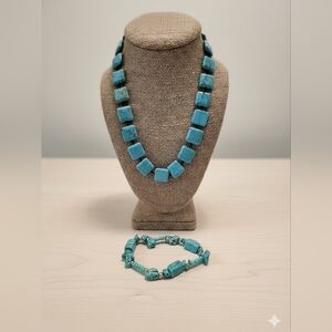 Turquoise Blue Dyed Howlite Gemstone Square Beaded Necklace and Stretch Bracelet